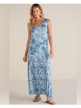 Soft Surroundings Blue Castel Dress Sleeveless Maxi Mix Patterns Size 2X NWT